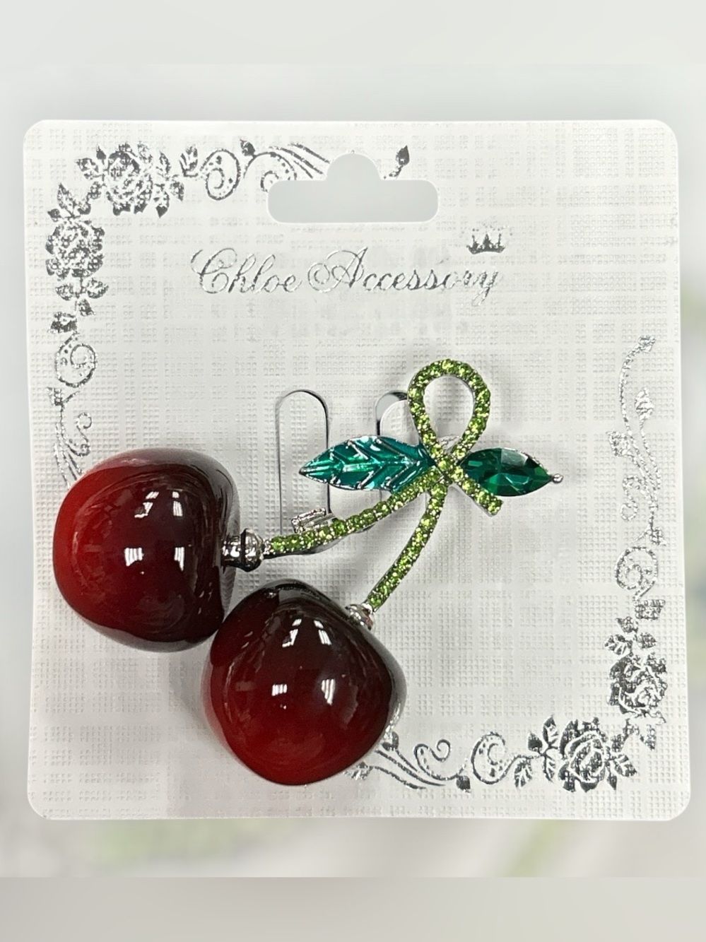 Dozen Red Cherry Brooches with Green Crystal Stem…Gold/Silver Tone